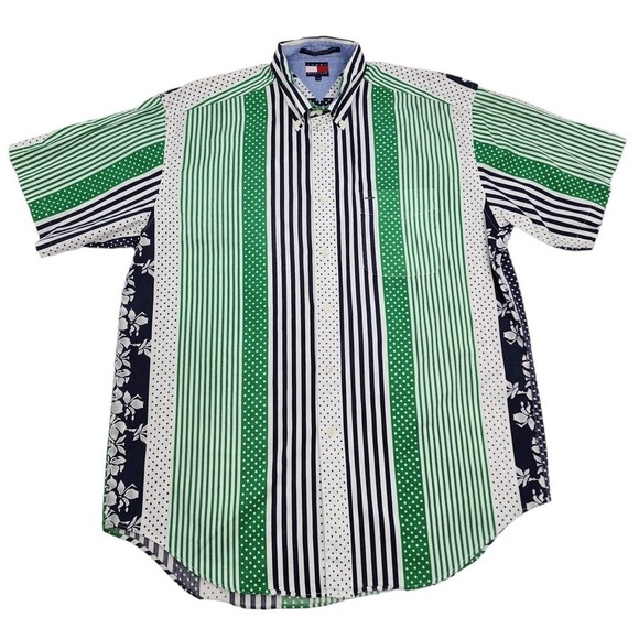 Tommy Hilfiger Polka Dot Striped Button Up Short Sleeve Floral Shirt Mens L VTG - Picture 1 of 10